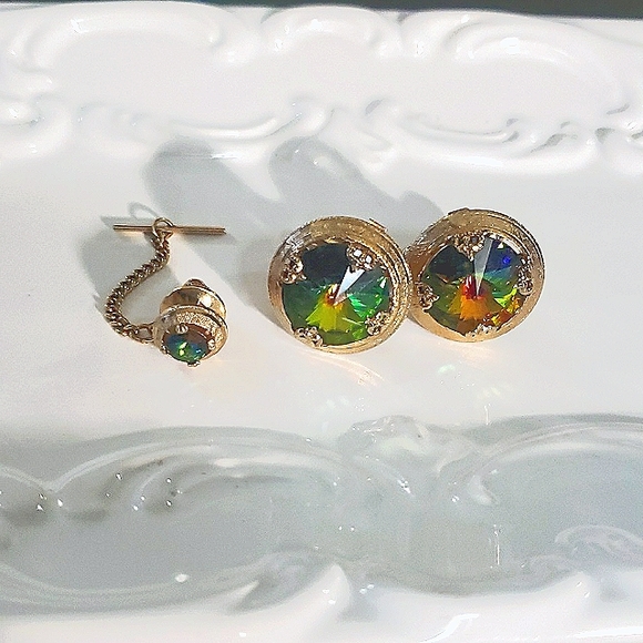 Vintage Watermelon Rivoli Cufflink and Tie Tac Set - Picture 3 of 7